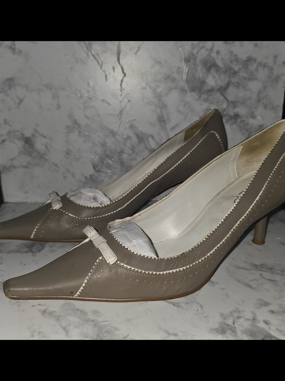 RSVP Taupe Pointed-Toe Mid-Heels with Bow Trim
